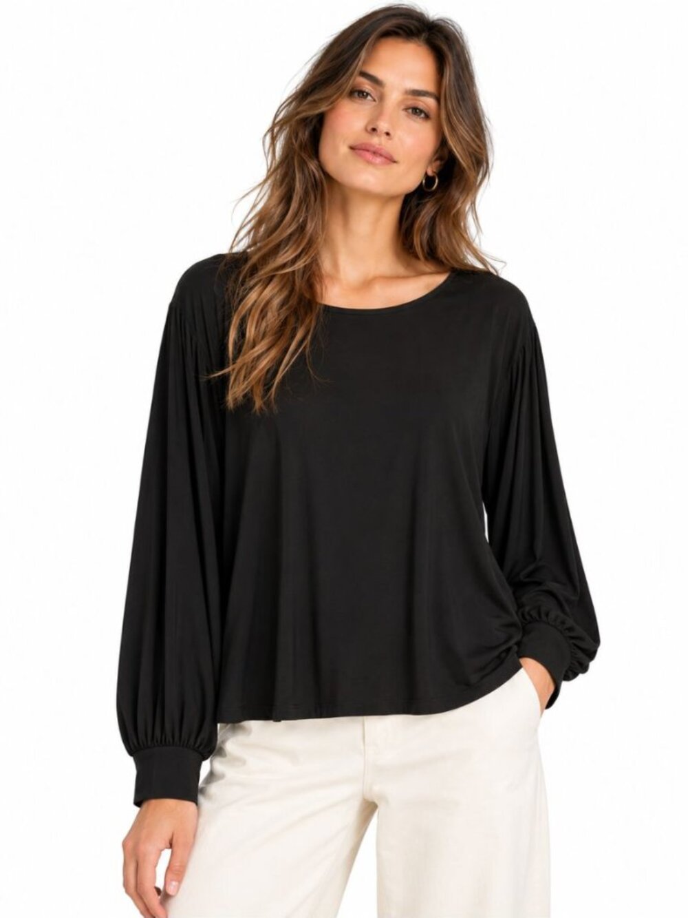 Ripley Rader Long Sleeve Black Top Gathered Cuffs Relaxed Jersey Knit Size 4/L